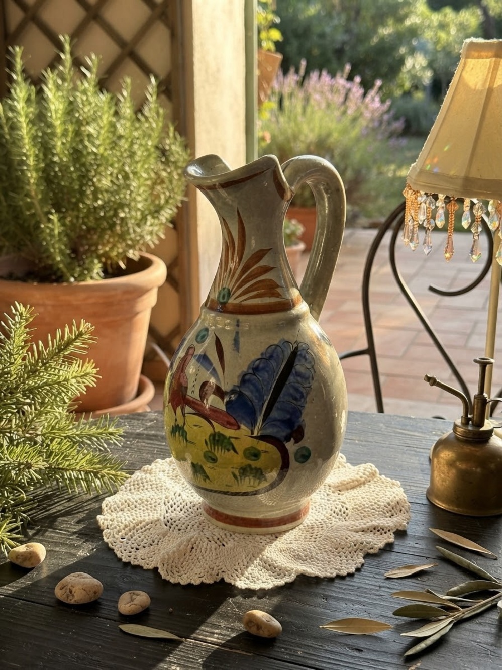 Hand-Painted Ceramic Pitcher with Red Bird and Flowers-Made in Mexico-Vtg
